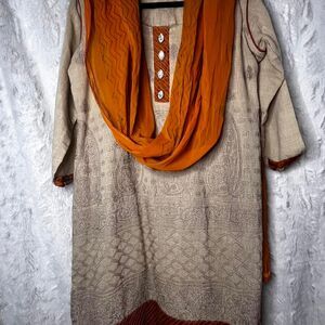 Burnt Orange and cream Indian or Nepali embroidered dress with scarf